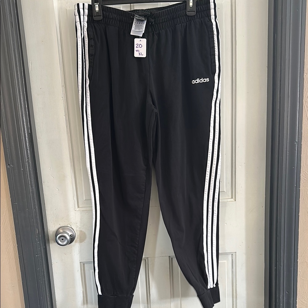 Women’s Adidas Black Track Pants with Iconic Stripes and Elastic Cuffs XL